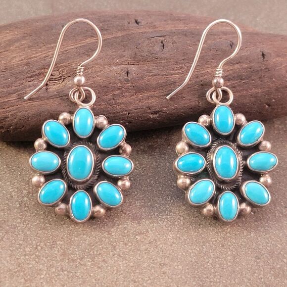 Sterling Zuni Native American Sleeping Beauty Blue Turquoise Drop Earrings - Picture 2 of 8